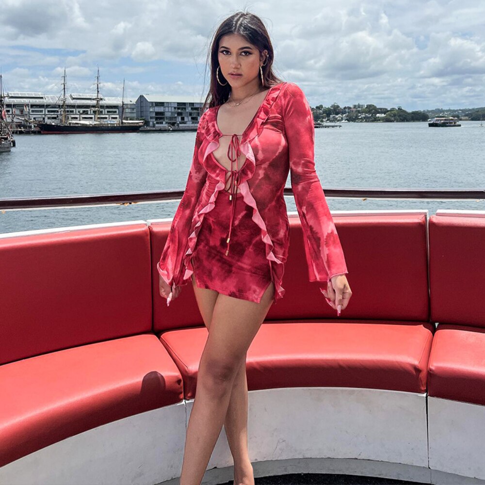 Summer Tight Mesh See Though Print Mini Dress