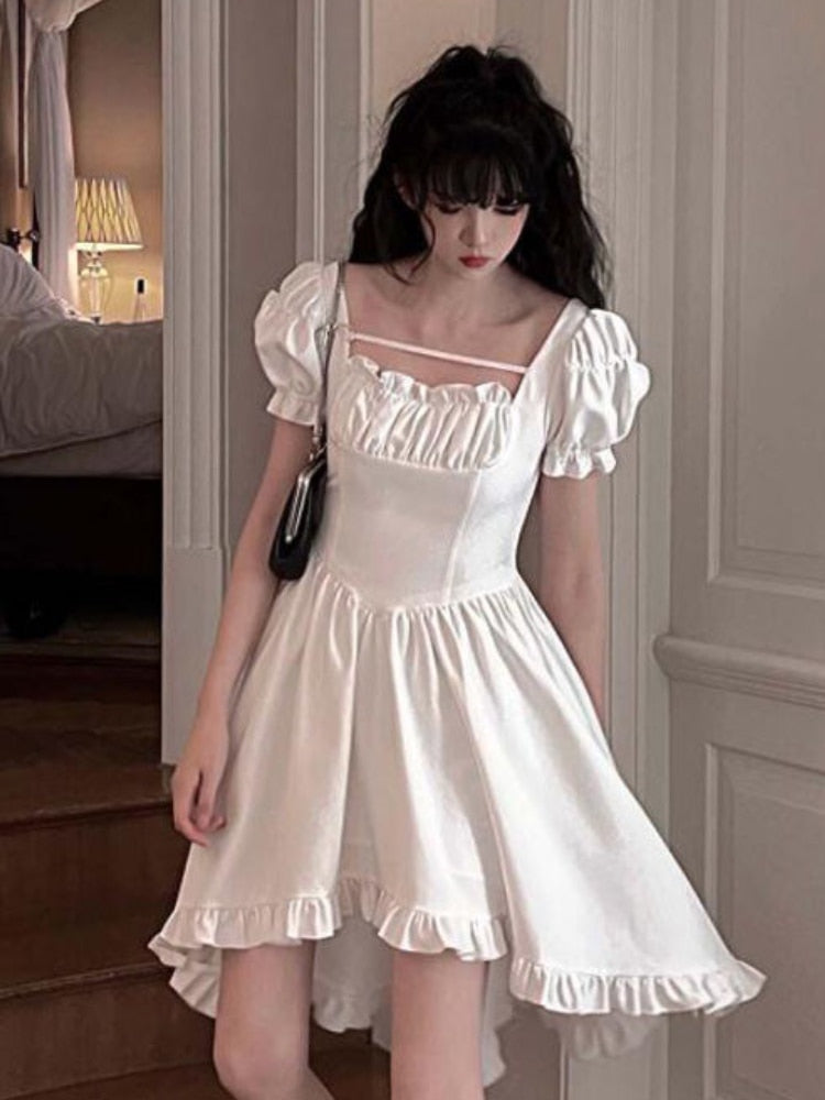 Female Designer Chic Square Collar Puff Sleeve Fashion Dress