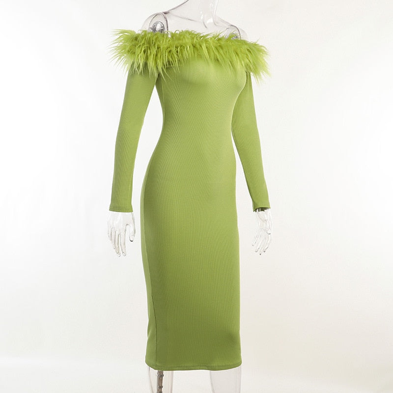 Slash Neck Off Shoulder Feather Long Sleeve Bodycon Autumn Dress