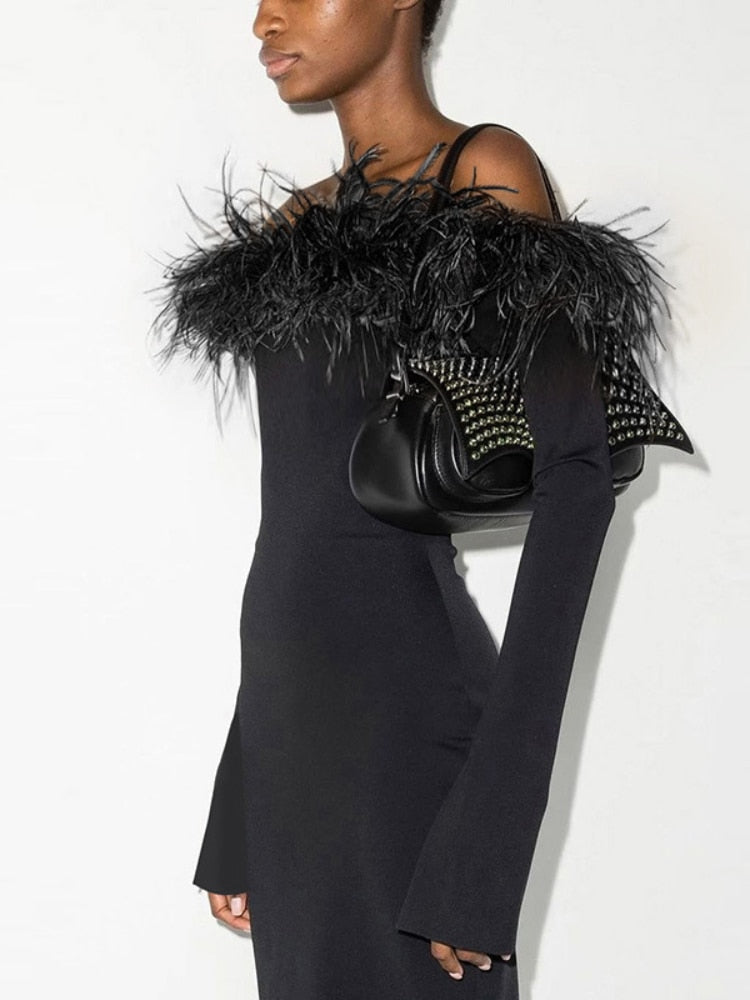 Slash Neck Off Shoulder Feather Long Sleeve Bodycon Autumn Dress
