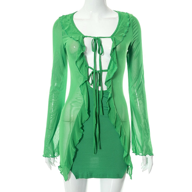 Summer Tight Mesh See Though Print Mini Dress