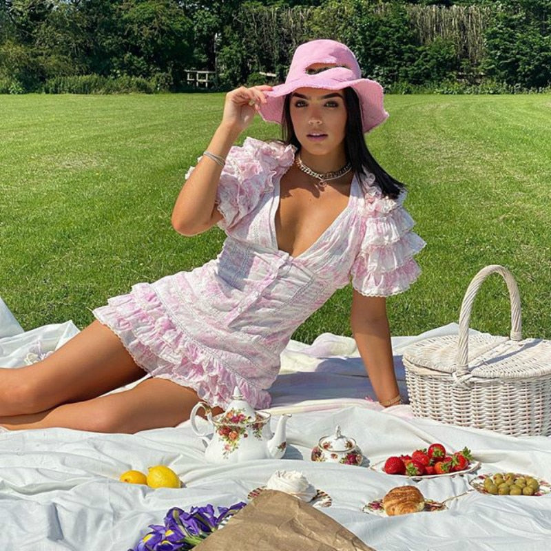 Summer and Autumn Short Sleeve Ruffle Pink V-neck Sexy Mini Dress