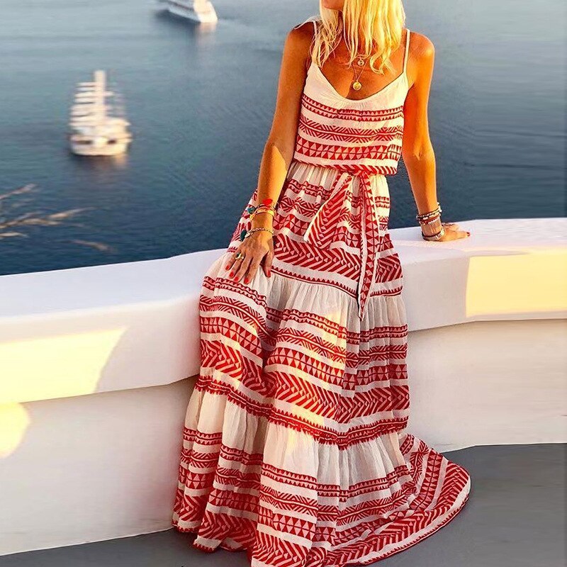 Vestido Boho Women Sexy Deep V Neck Strap Beach Dress