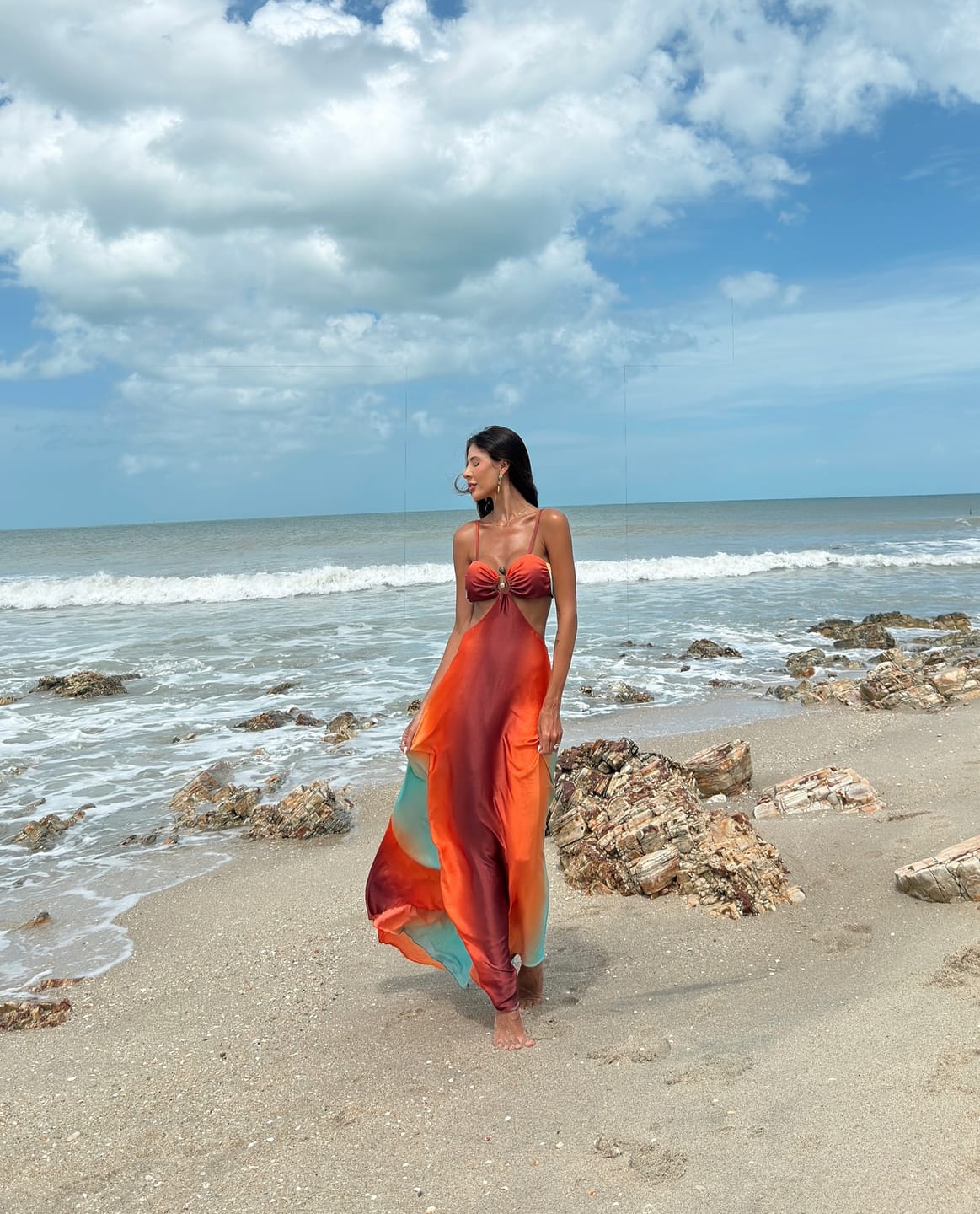 Neon Sunset Printed Metal Decoration Cutout Back Tie-up Vacation Maxi Dress