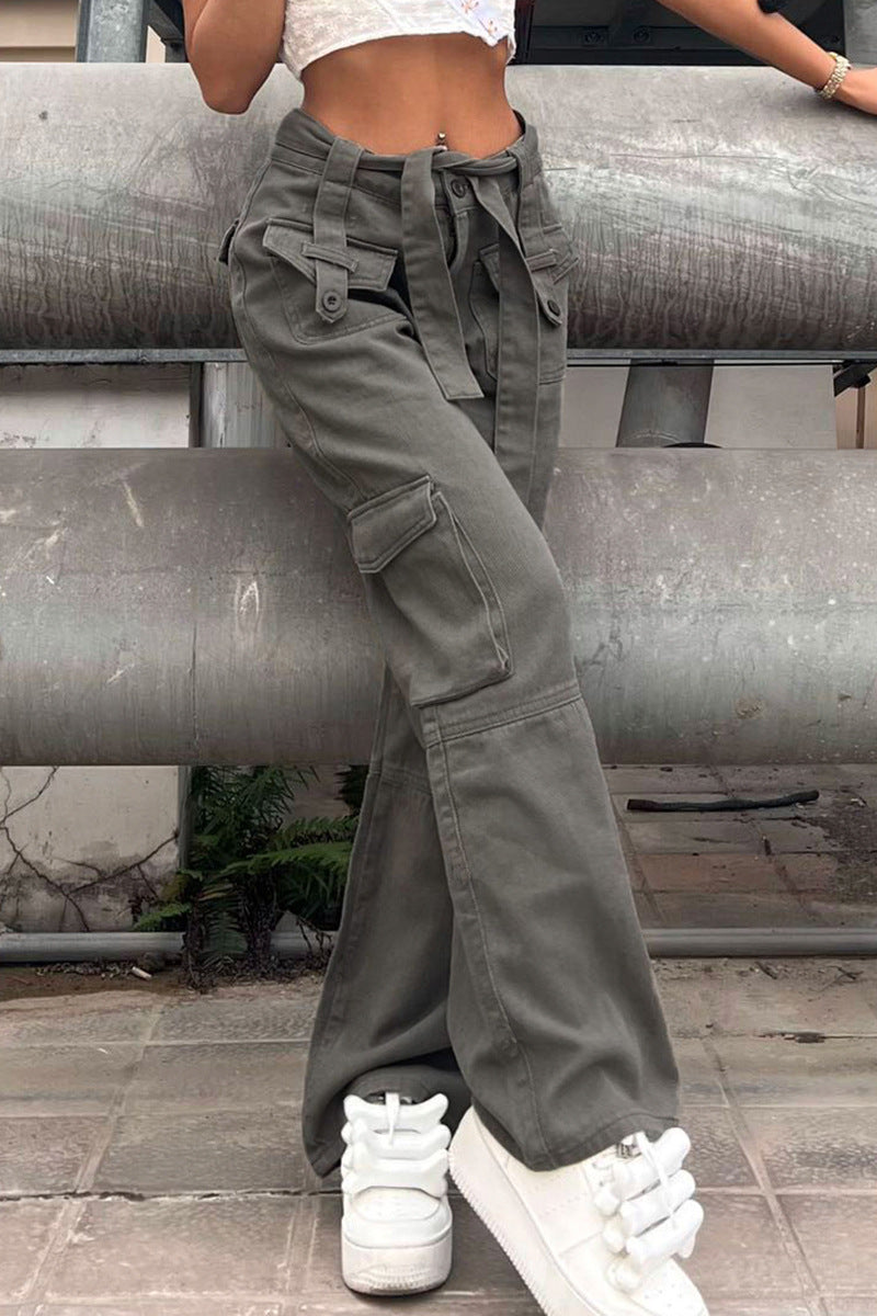 Belted Baggy Denim Cargo Jeans