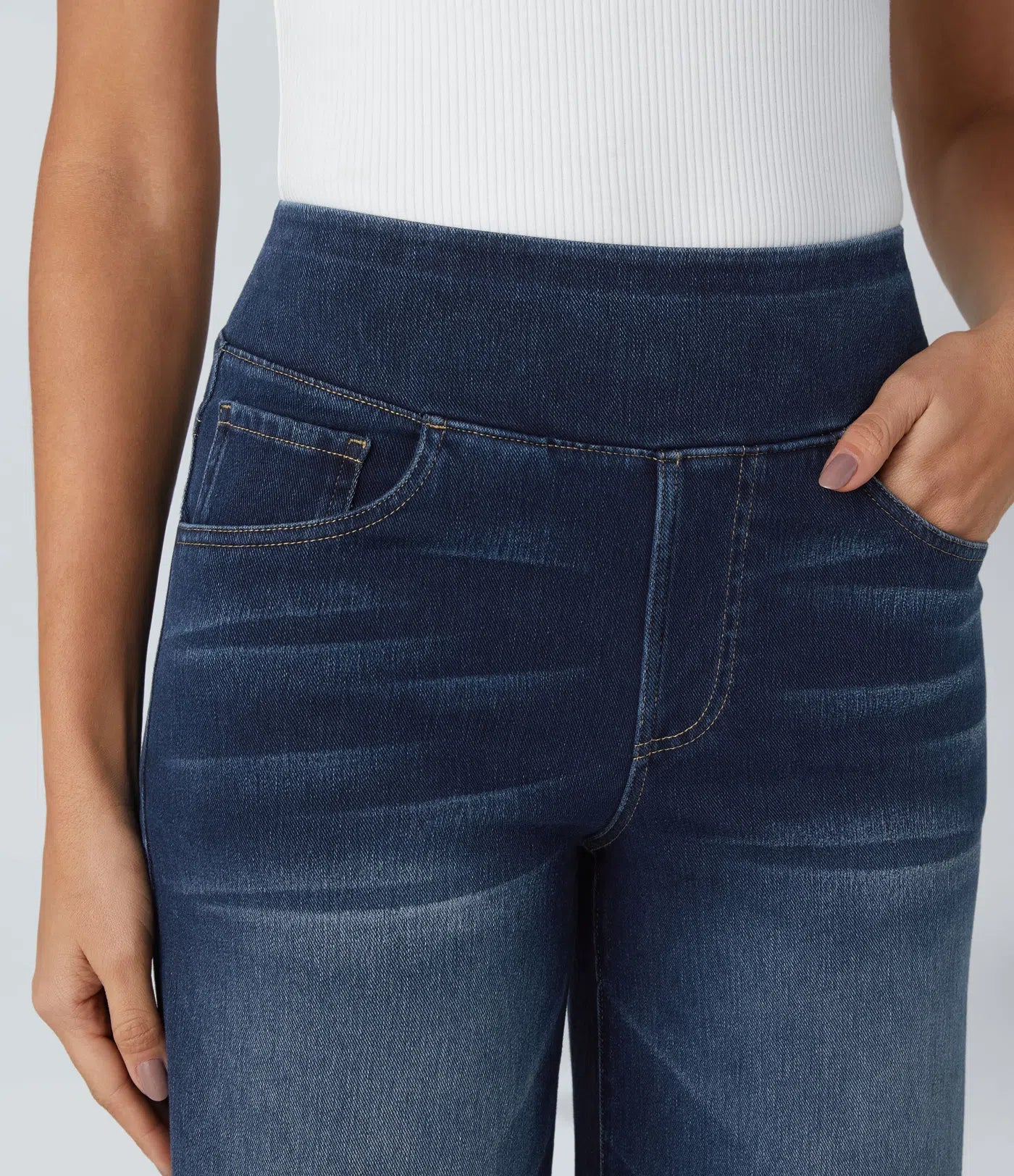 High Waisted Multiple Pockets Baggy Wide Leg Washed Stretchy Knit Casual Jeans