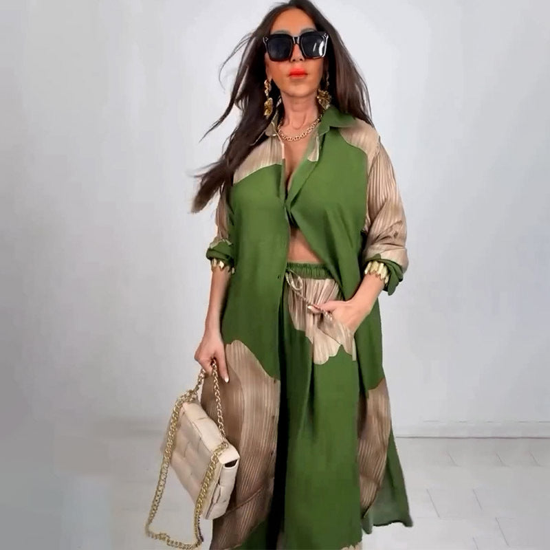 Printed mid-length top and wide-leg pants two-piece set