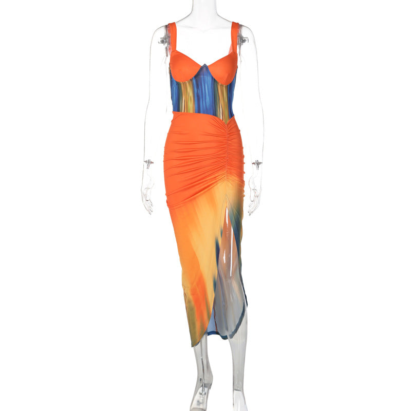 Chic Vibes: Summer Tie-Dyed Sheath Slim Dress with Split Sling