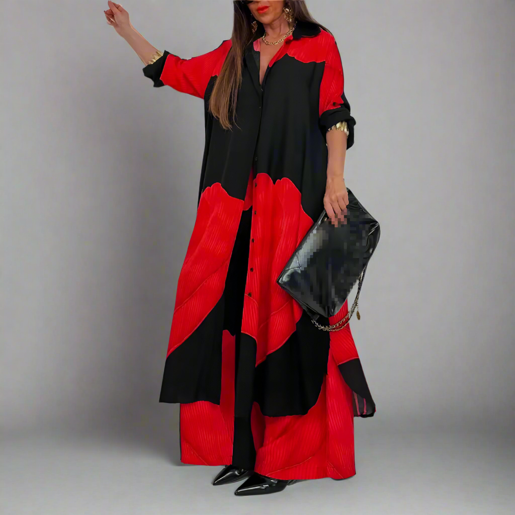 Printed mid-length top and wide-leg pants two-piece set