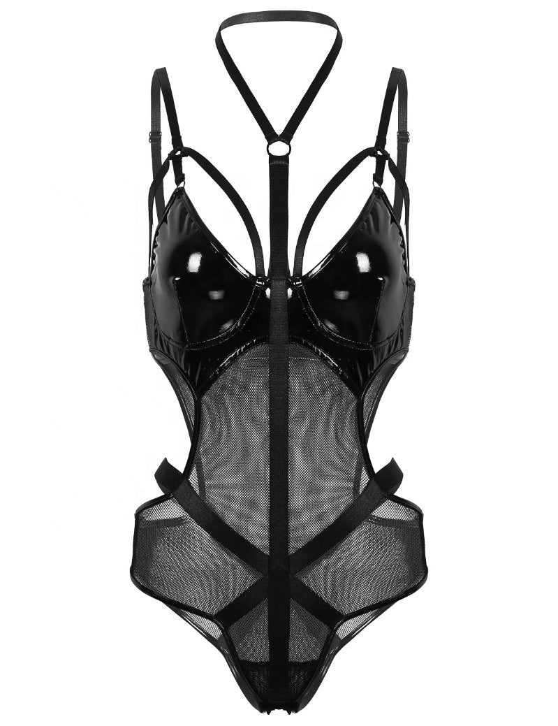 Midnight Blossom Leather & Mesh Halter Bodysuit - High-End Lingerie
