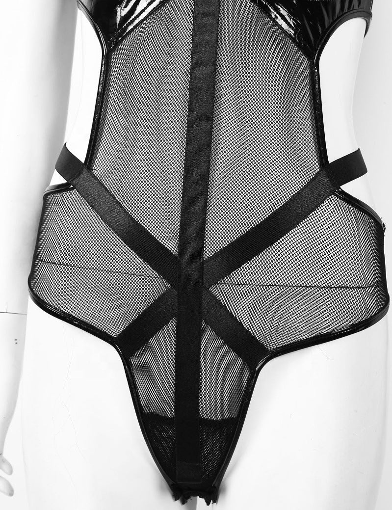 Midnight Blossom Leather & Mesh Halter Bodysuit - High-End Lingerie