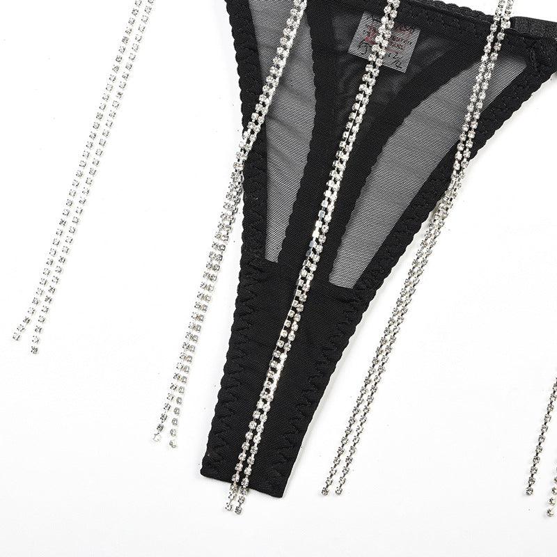 Chain Gathering Mesh Lingerie Two-Piece Set.