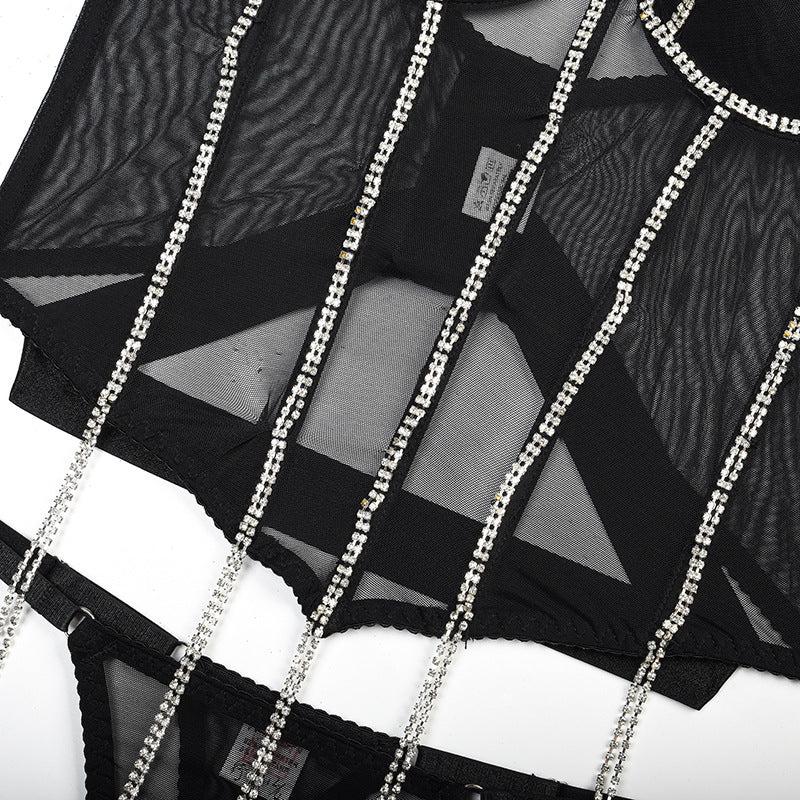 Chain Gathering Mesh Lingerie Two-Piece Set.