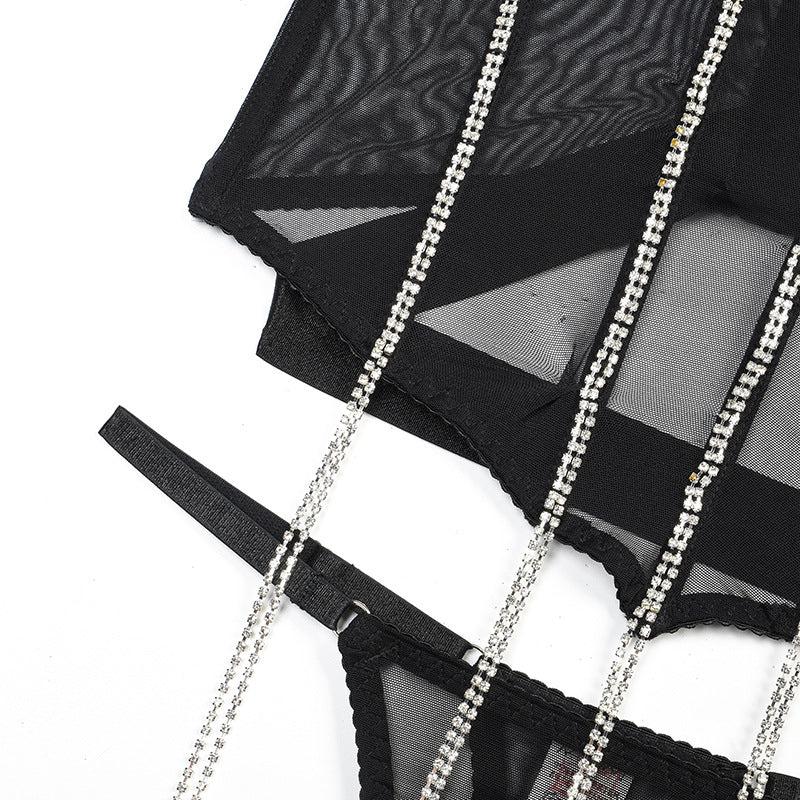 Chain Gathering Mesh Lingerie Two-Piece Set.