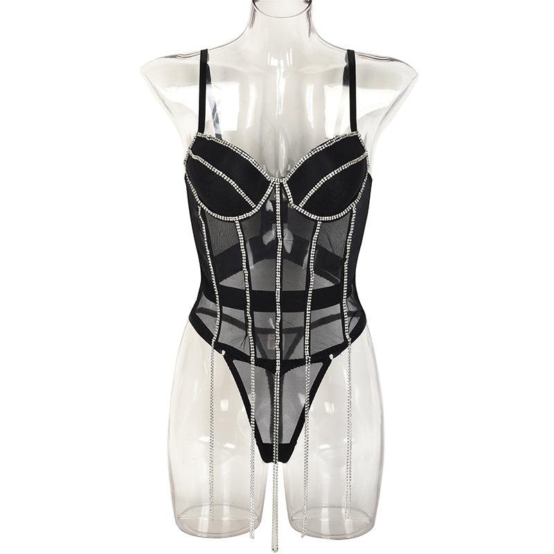 Chain Gathering Mesh Lingerie Two-Piece Set.