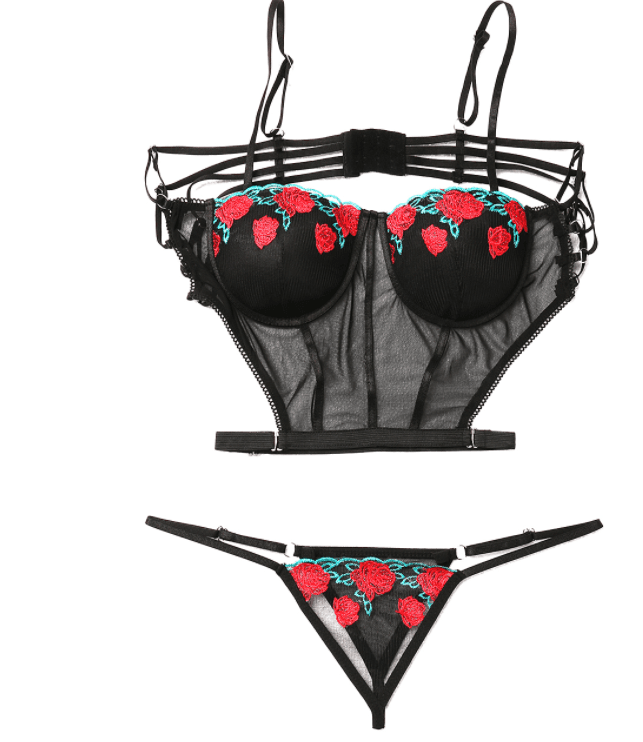 Underwire Embroidered Black Temperament Lingerie.