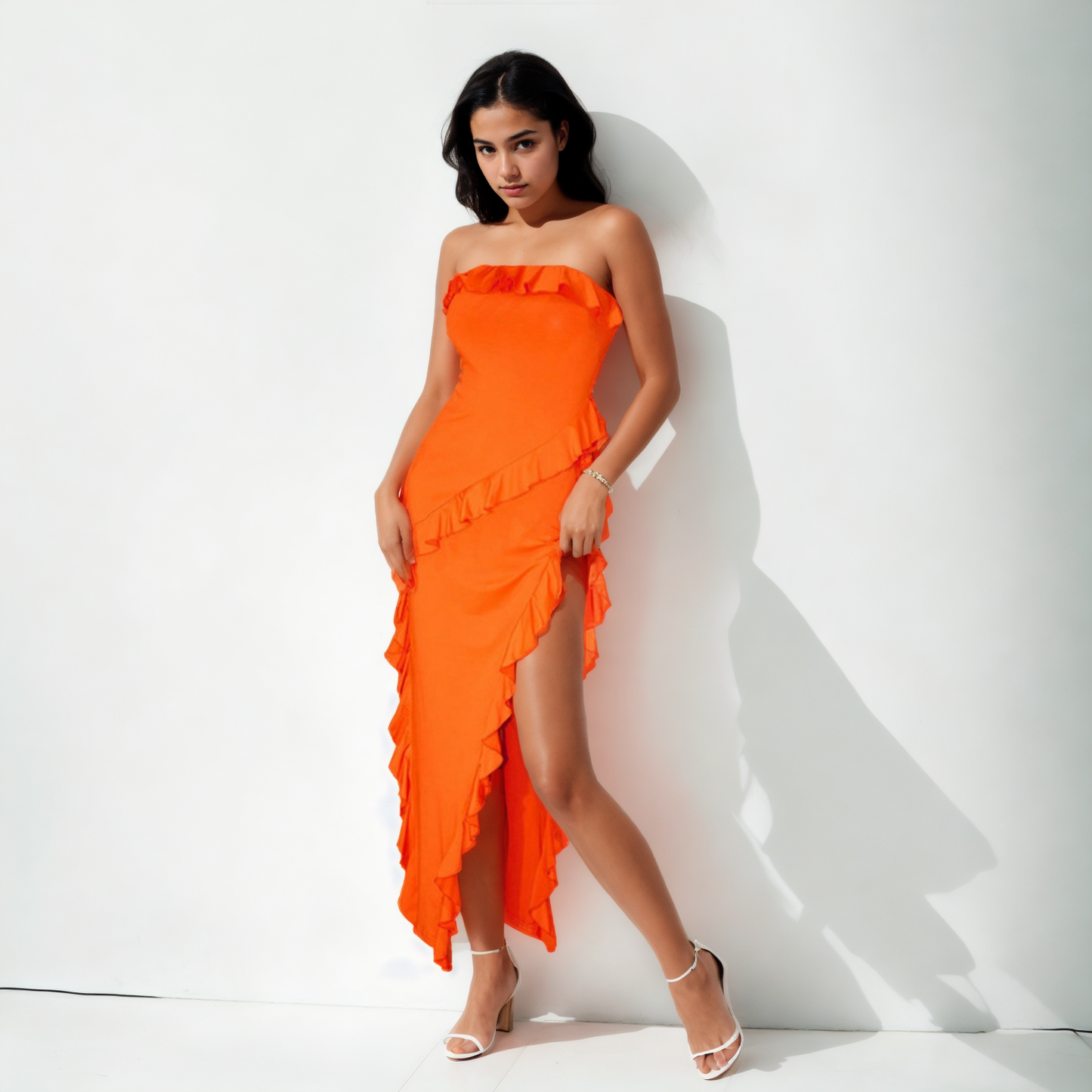 Desert Rose Elegance:Ruffled Orange High Slit Evening Party Dress