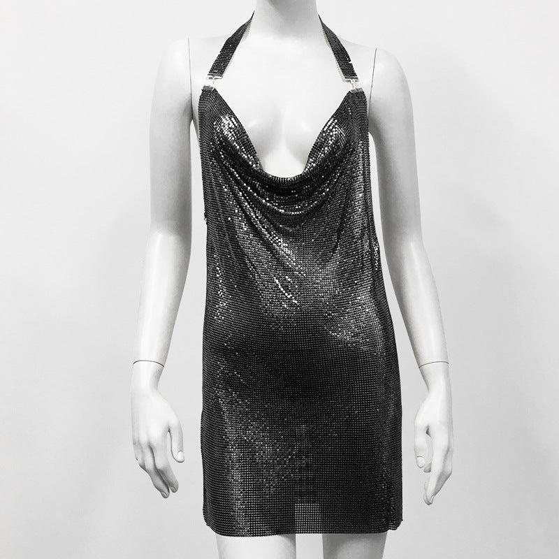 Sequined Metal Halterneck Cami Dress: Nightclub Party Dress