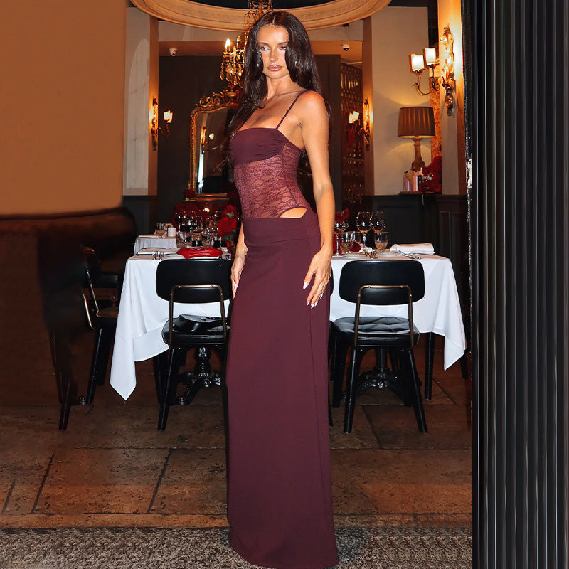 Elegant lace stitching suspender dress