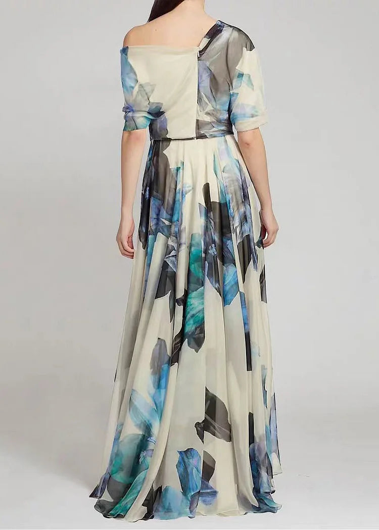 Sky Blue Asymmetrical Print Chiffon Long Dresses