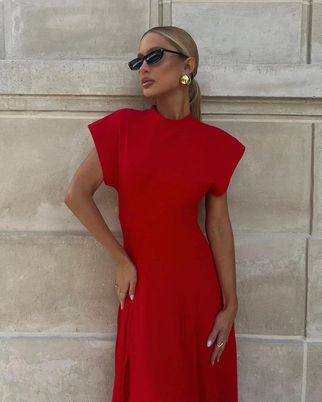 Round Neck Solid Color Split Maxi Dress