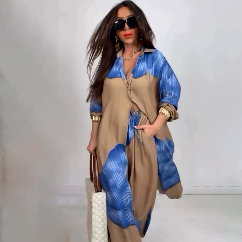 Printed mid-length top and wide-leg pants two-piece set