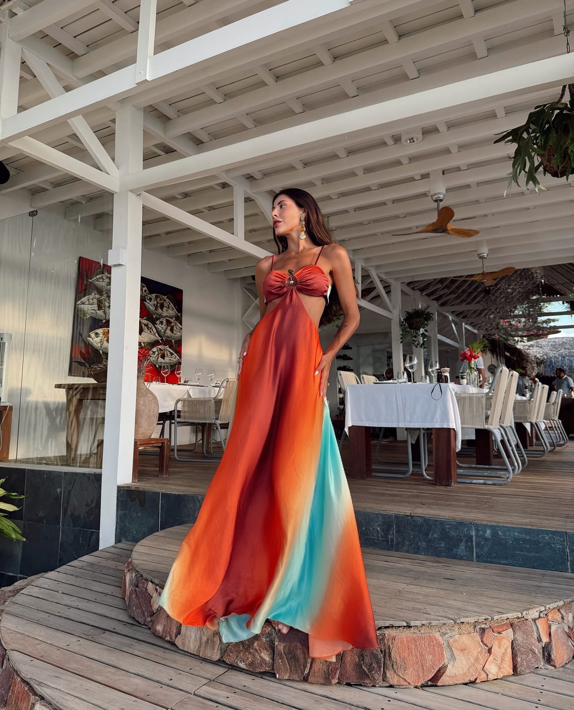 Neon Sunset Printed Metal Decoration Cutout Back Tie-up Vacation Maxi Dress