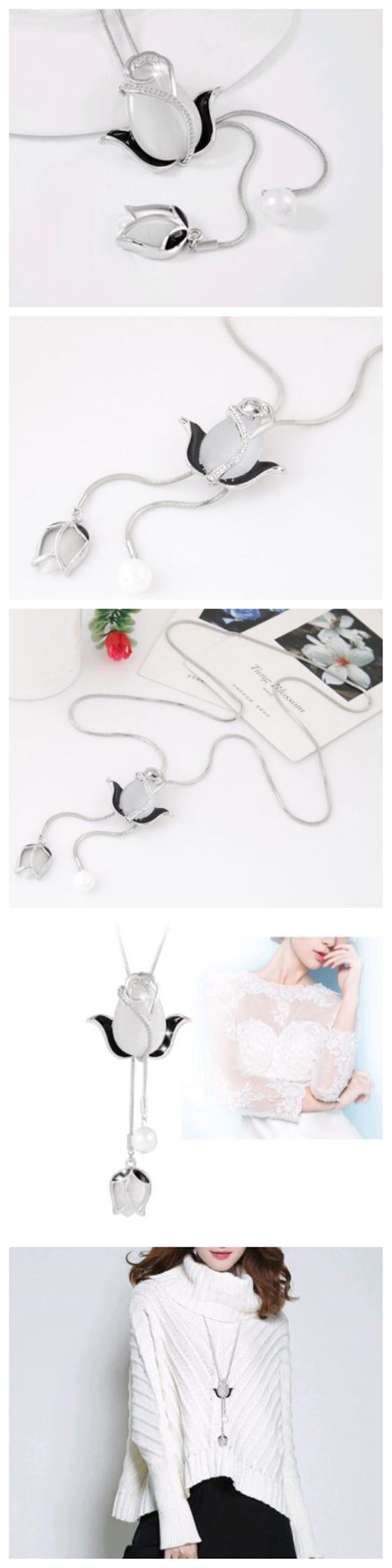 Czech Drill Embellished Opal Tulip Theme Platinum Plated Necklace