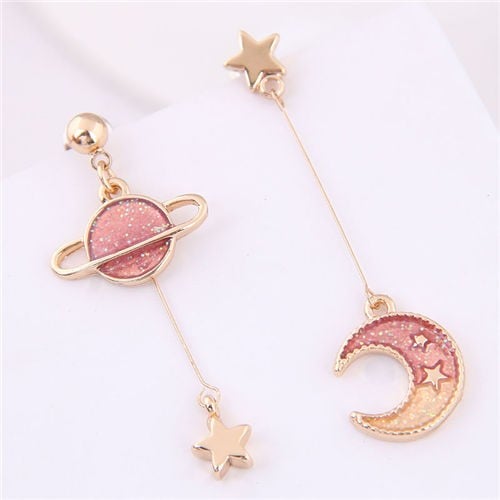 Red Crimson Star Moon Earrings