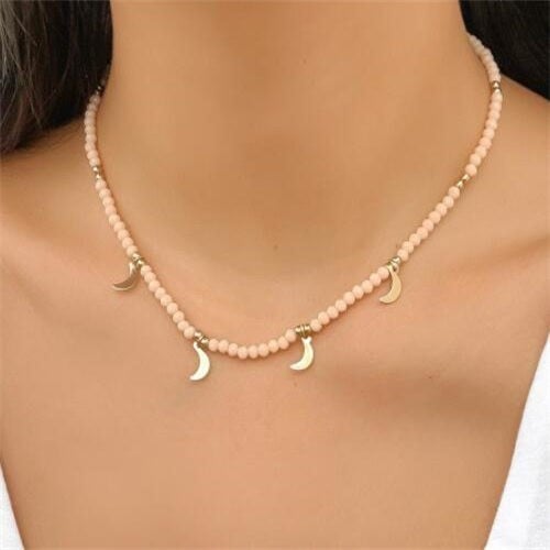 Moonlight Beige: Beaded Moon Pendant Necklace