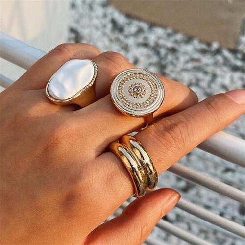 Opal Elegance: Vintage Golden Alloy Ring Set