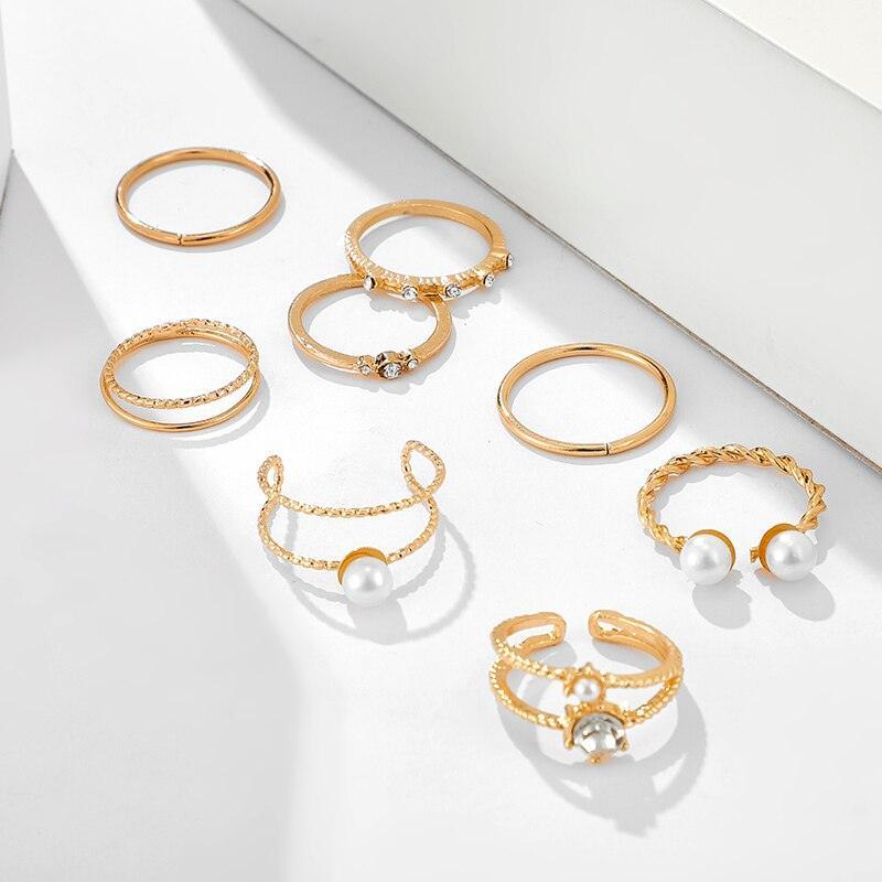 Trendy Gold Pearl Crystal Geometric Ring Set