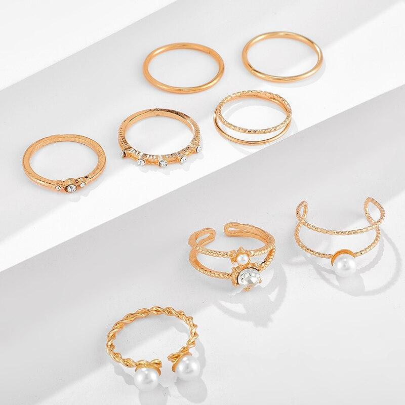 Trendy Gold Pearl Crystal Geometric Ring Set