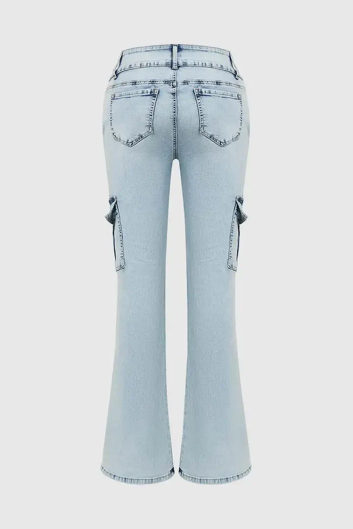 Multi Pocket Double Button Mid Rise Flare Cargo Jeans