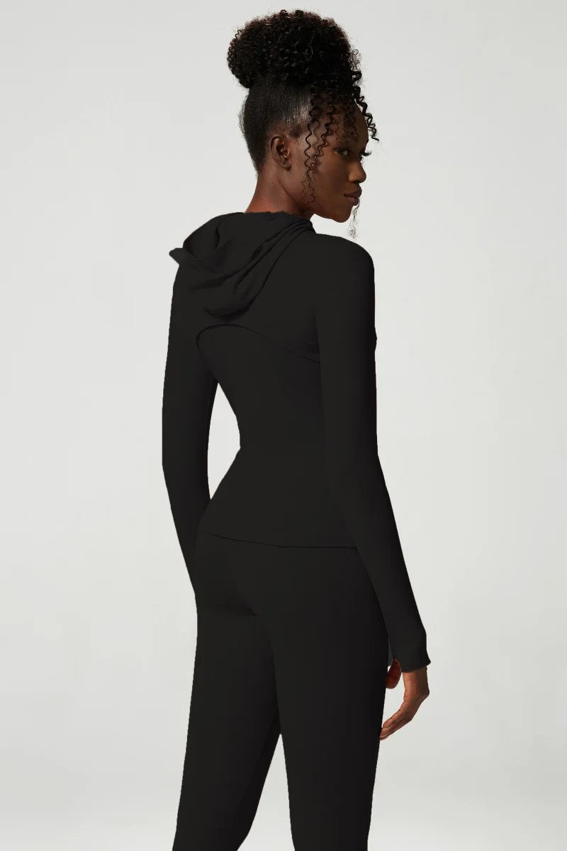 DOINA HOODED LONG SLEEVE SPORTS TOP BLACK