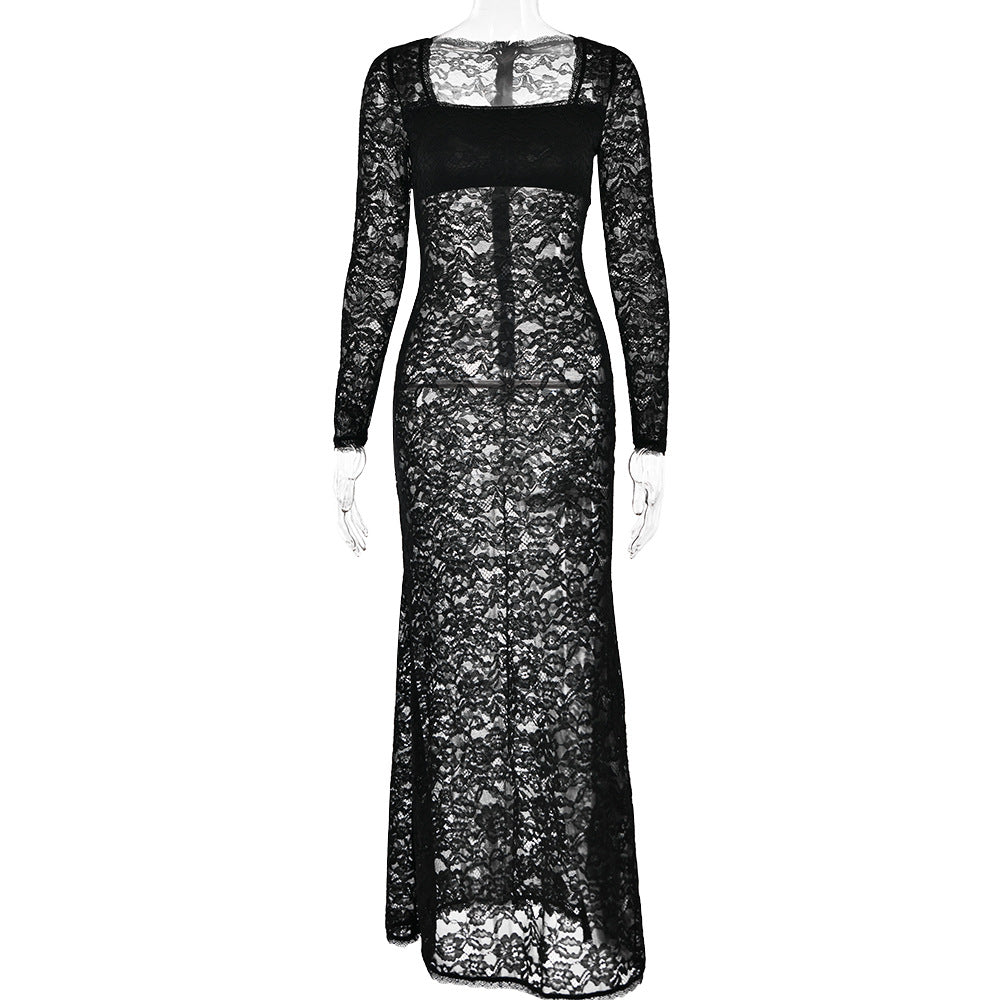 Trendy Allure: Lace Stitching See-Through Long Sleeve Sheath Dress