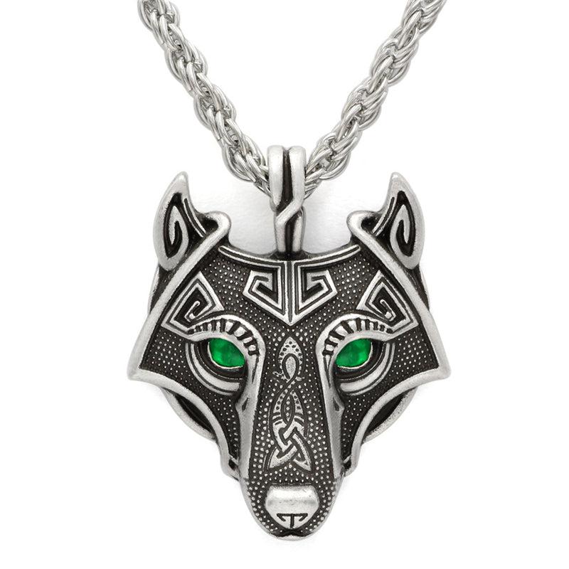 Runic Majesty: Viking Inspired Multicolor Wolf Head Necklace
