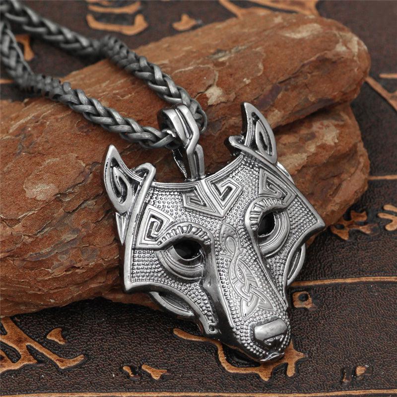 Runic Majesty: Viking Inspired Multicolor Wolf Head Necklace