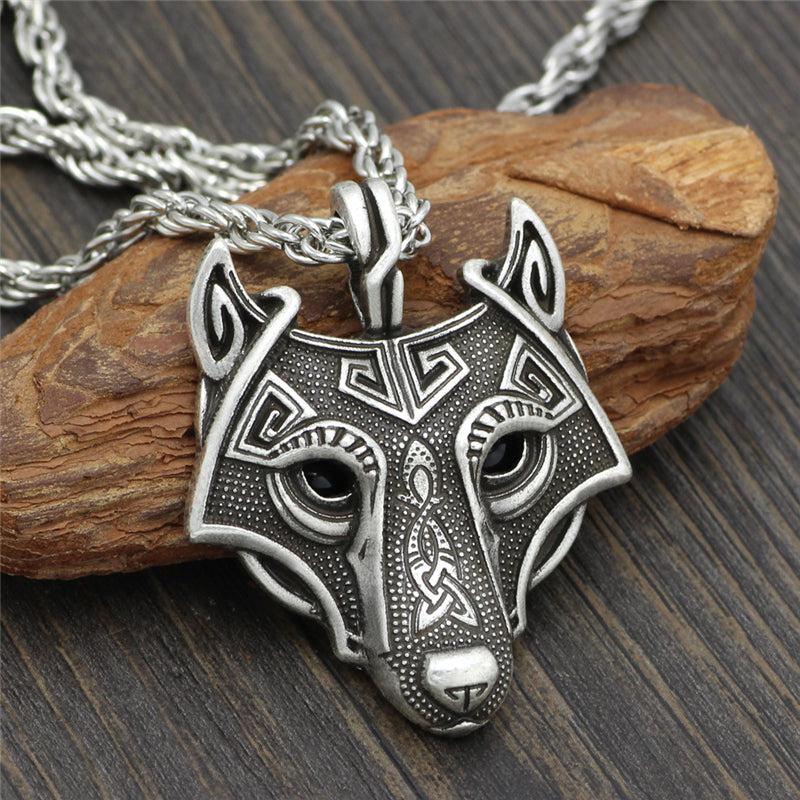 Runic Majesty: Viking Inspired Multicolor Wolf Head Necklace