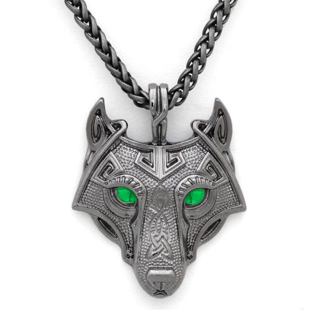 Runic Majesty: Viking Inspired Multicolor Wolf Head Necklace