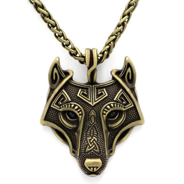 Runic Majesty: Viking Inspired Multicolor Wolf Head Necklace