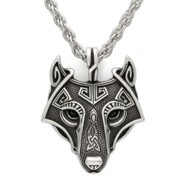 Runic Majesty: Viking Inspired Multicolor Wolf Head Necklace