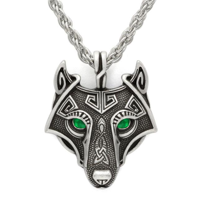 Runic Majesty: Viking Inspired Multicolor Wolf Head Necklace