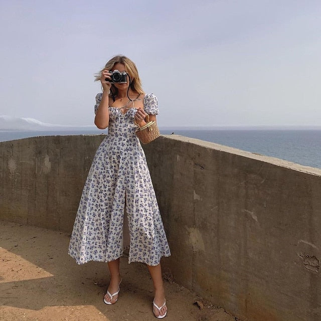 Short Puff Sleeve Flroal Printed Ruched Party High Split Long Maxi Dress