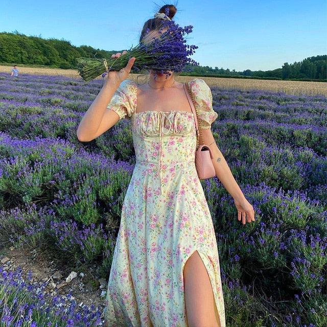 Short Puff Sleeve Flroal Printed Ruched Party High Split Long Maxi Dress