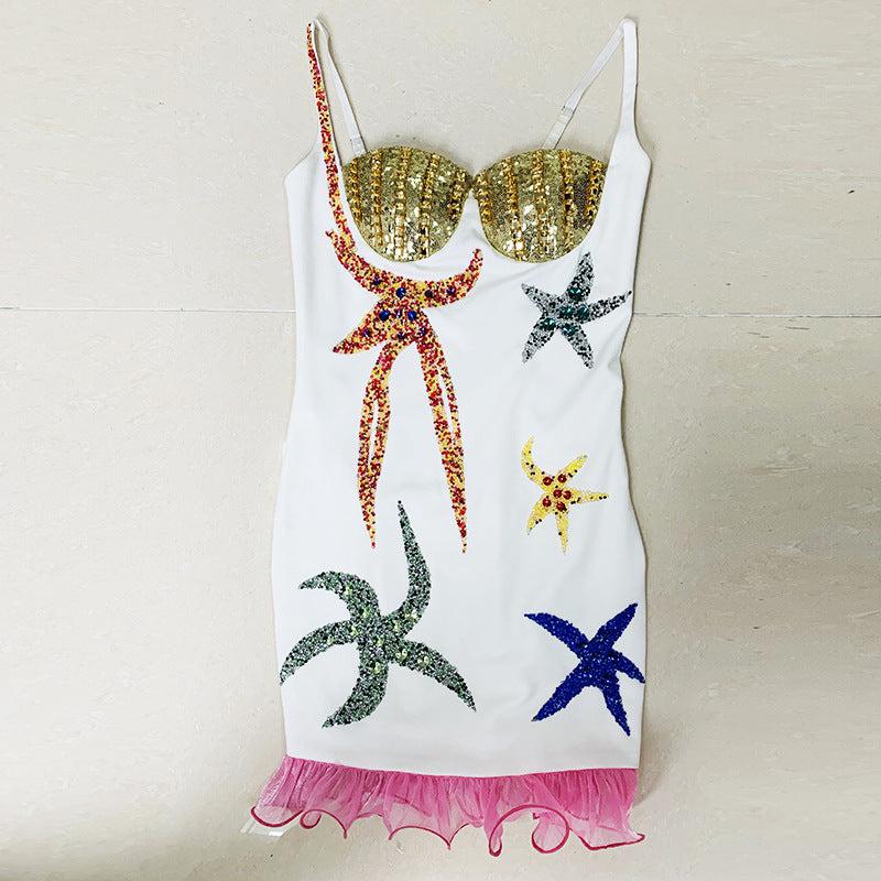 Starry Night Heavy Industry Beaded Strap Dress