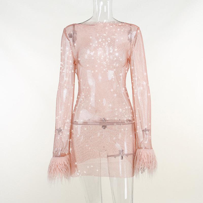 Trendy Autumn: Glittering Mesh Dress with Furry Thin Detail