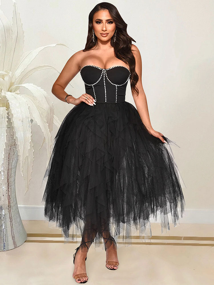 Rhinestone Tube Tulle Prom Midi Dress