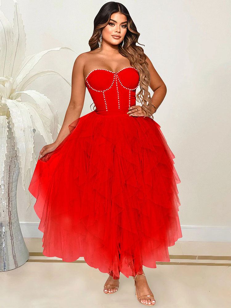 Rhinestone Tube Tulle Prom Midi Dress
