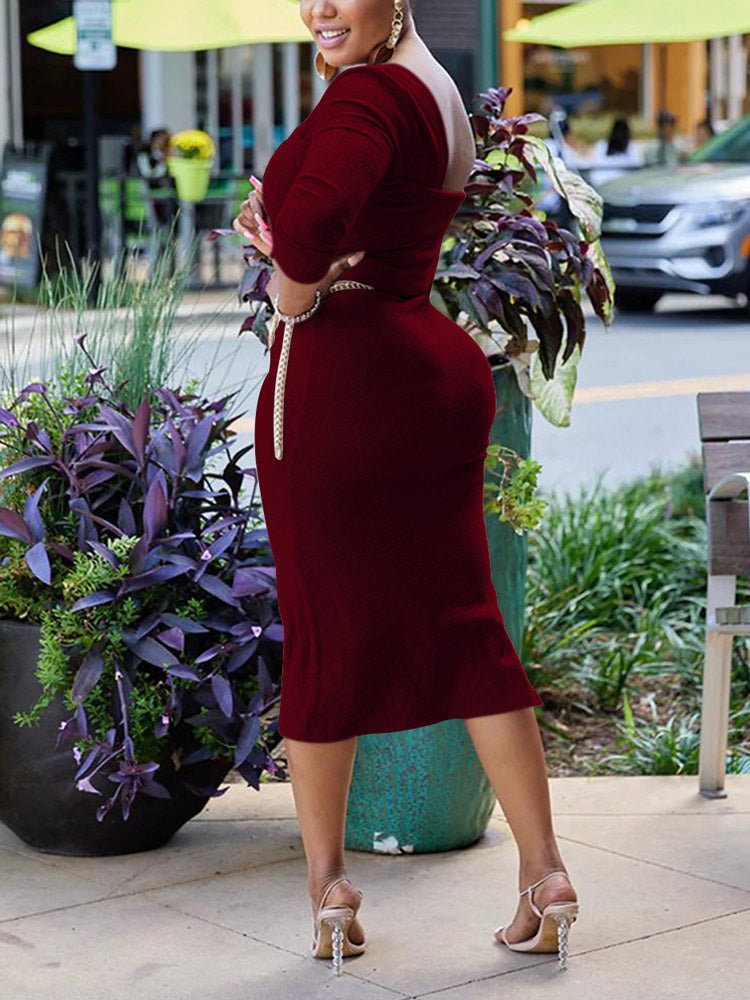One Shoulder Slit Dress with Chain Belt